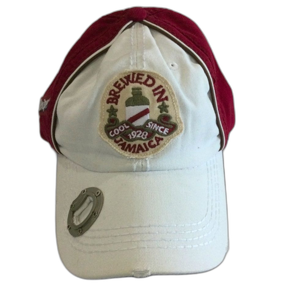 Red Stripe Cap Hat Men's Adjustable Strap Brewed in Jamaica Brim Bottle Opener